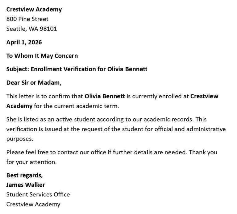Enrollment Status Examples Enrollment Verification Letter (USA Format + 5 Examples)