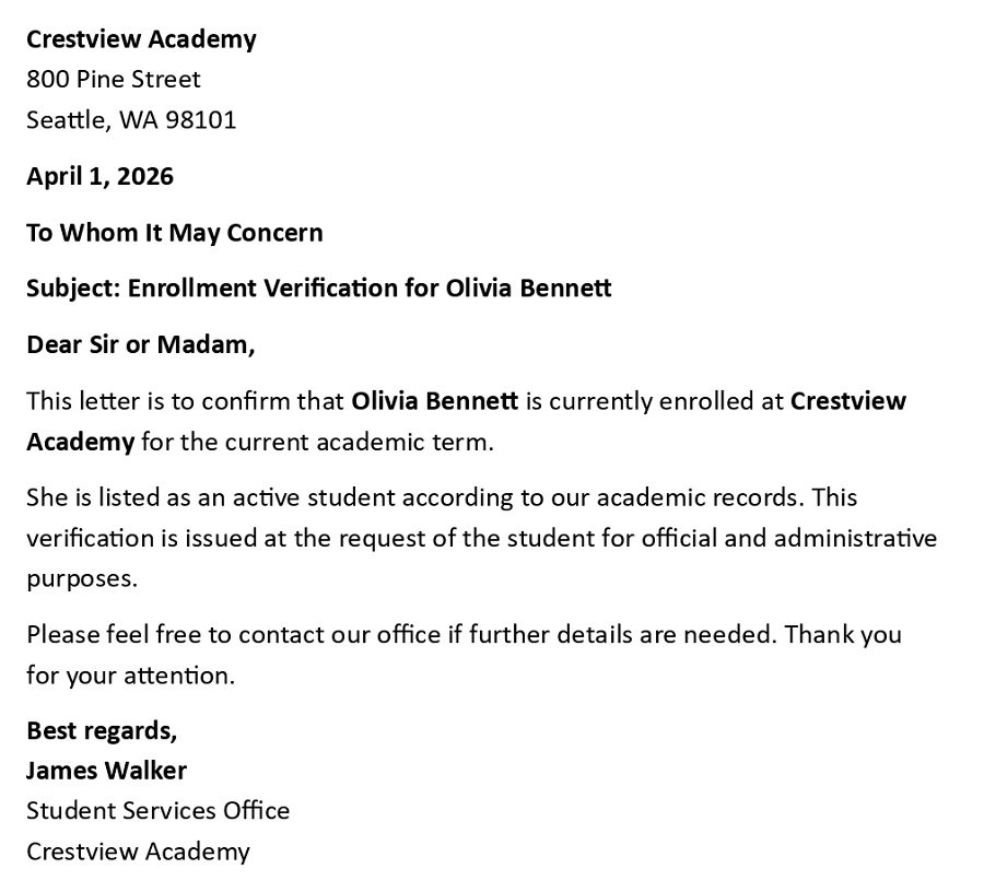 Enrollment Verification for Olivia Bennett