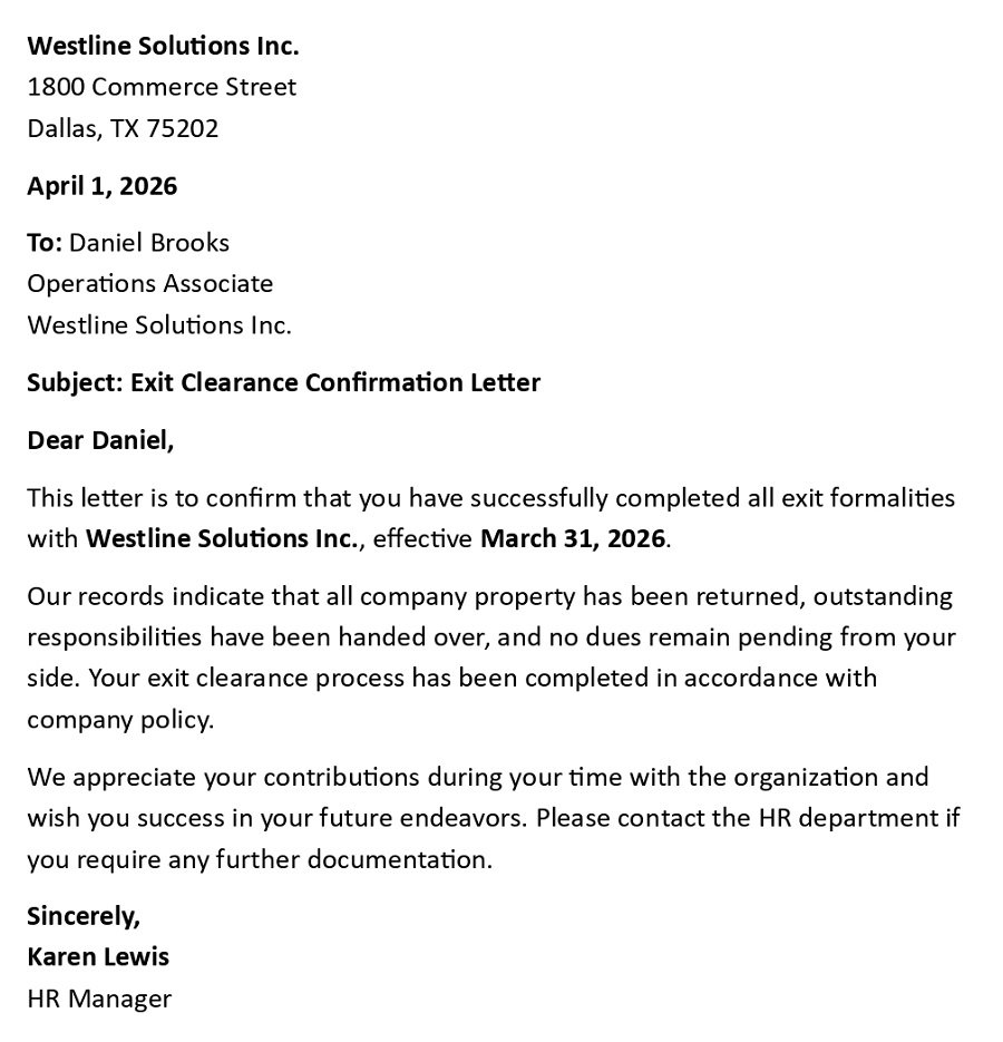 Exit Clearance Confirmation Letter