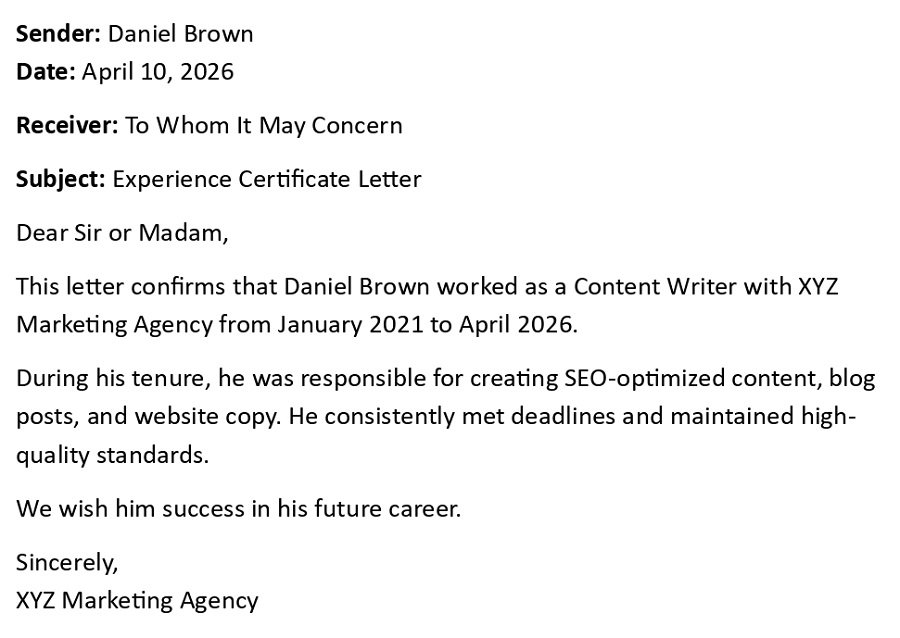 Experience Certificate Letter