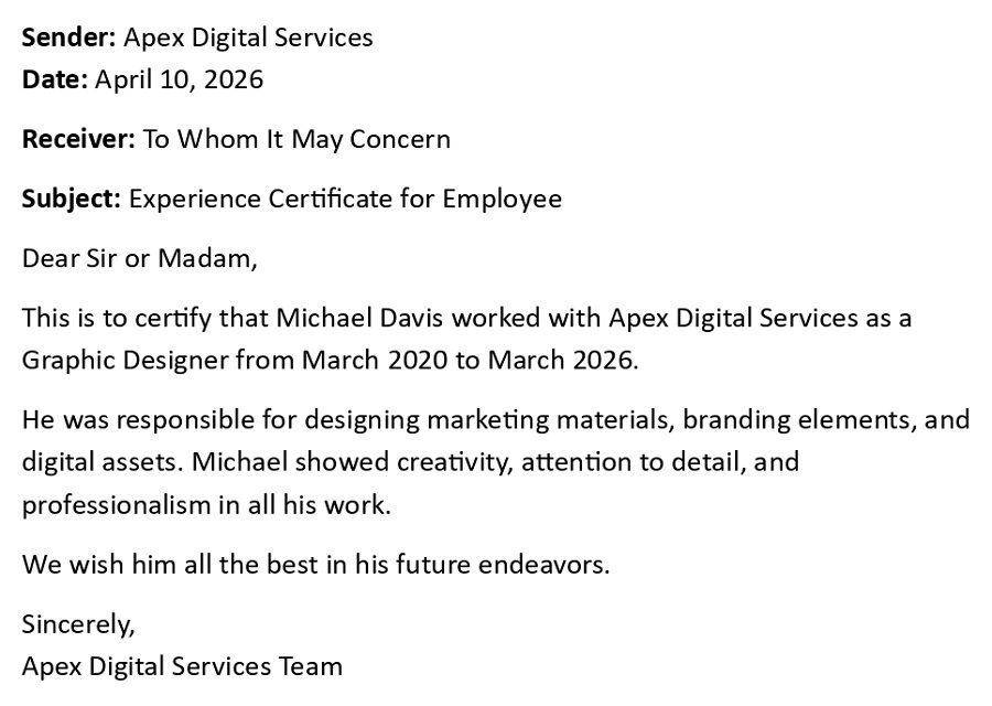 Experience Certificate for Employee