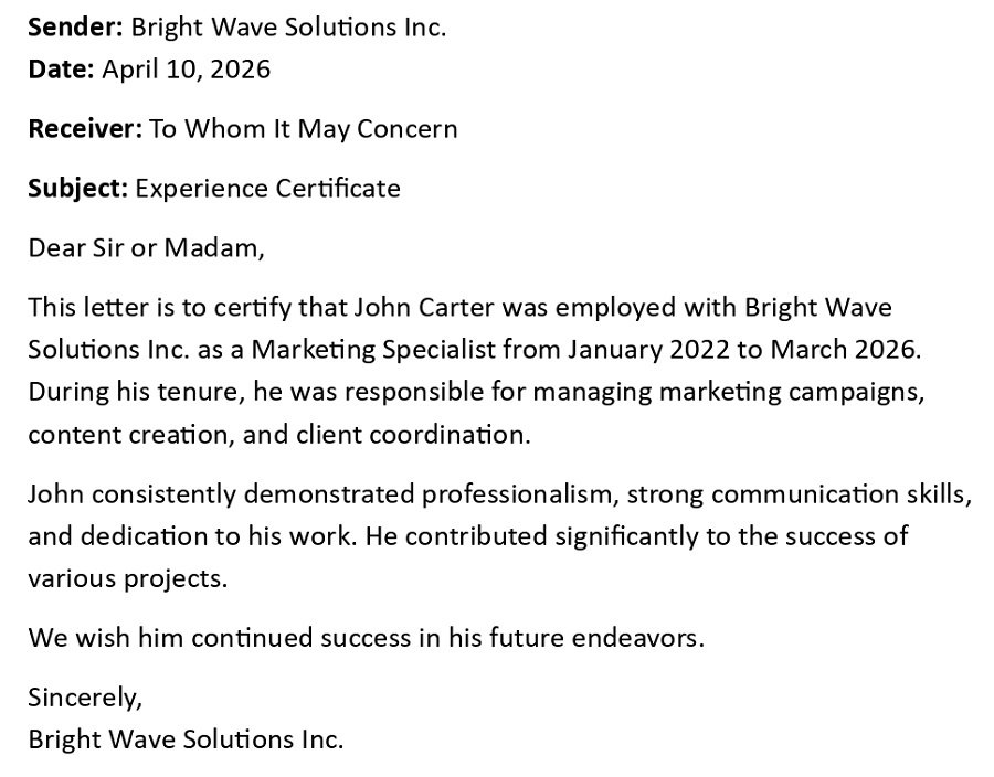 Experience Certificate