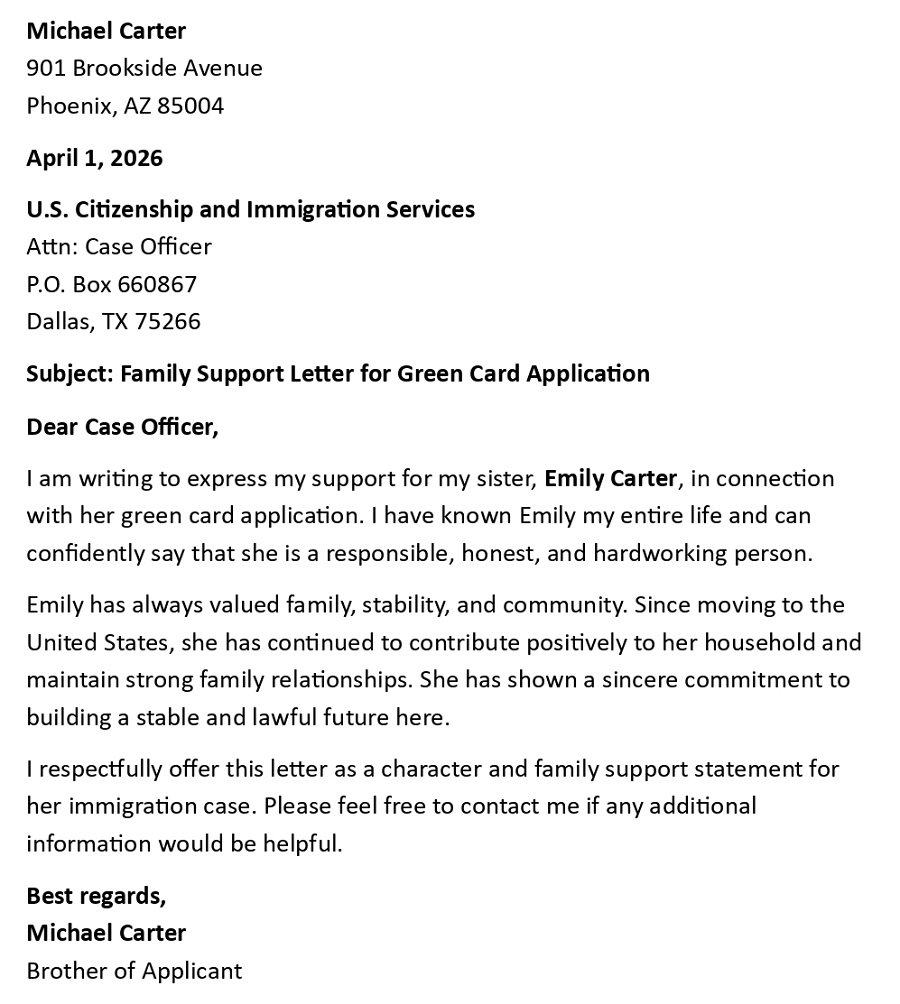 Family Support Letter for Green Card Application