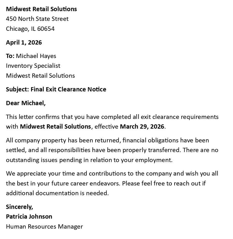 Final Exit Clearance Notice