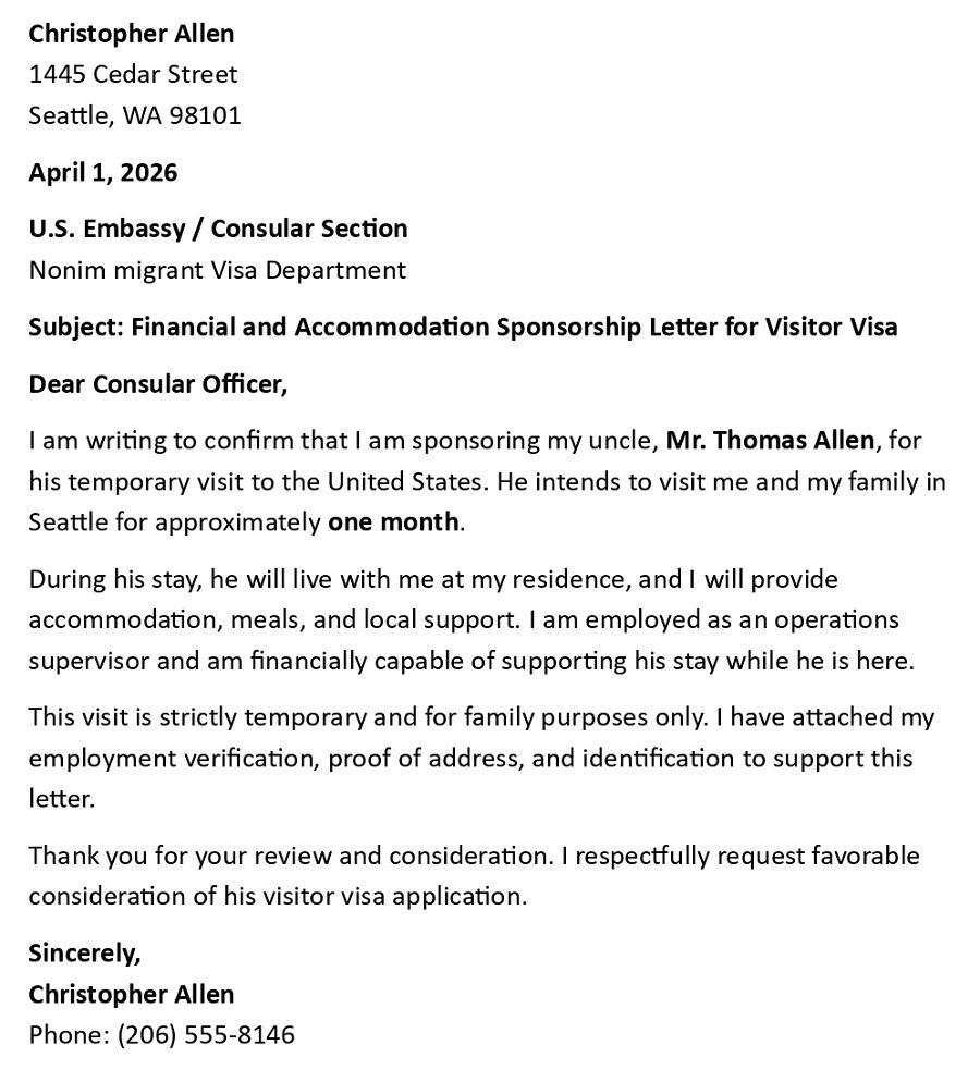 Financial and Accommodation Sponsorship Letter for Visitor Visa