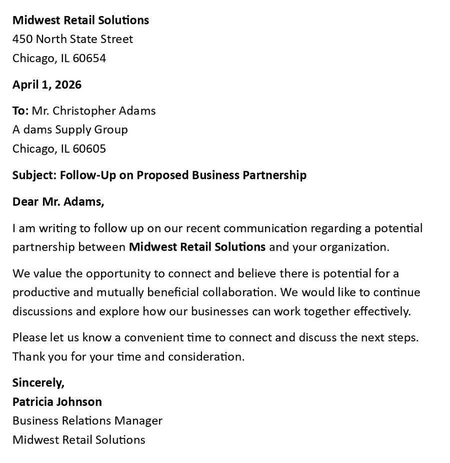 Follow-Up on Proposed Business Partnership