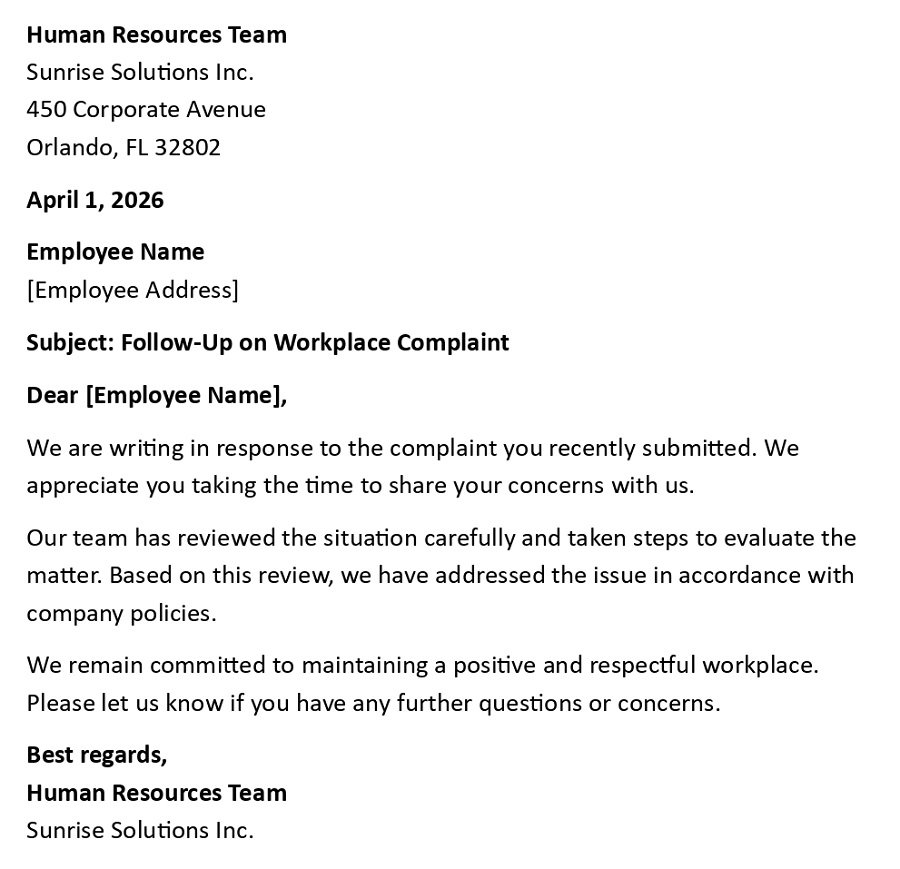 Follow-Up on Workplace Complaint