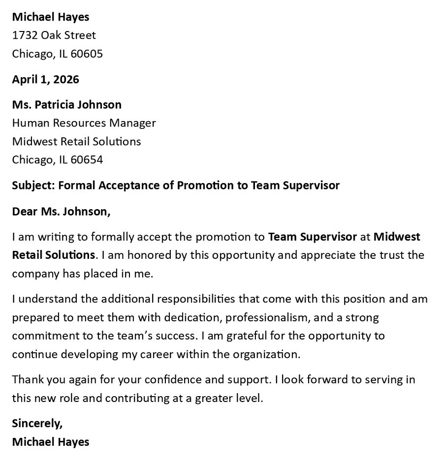 Formal Acceptance of Promotion to Team Supervisor