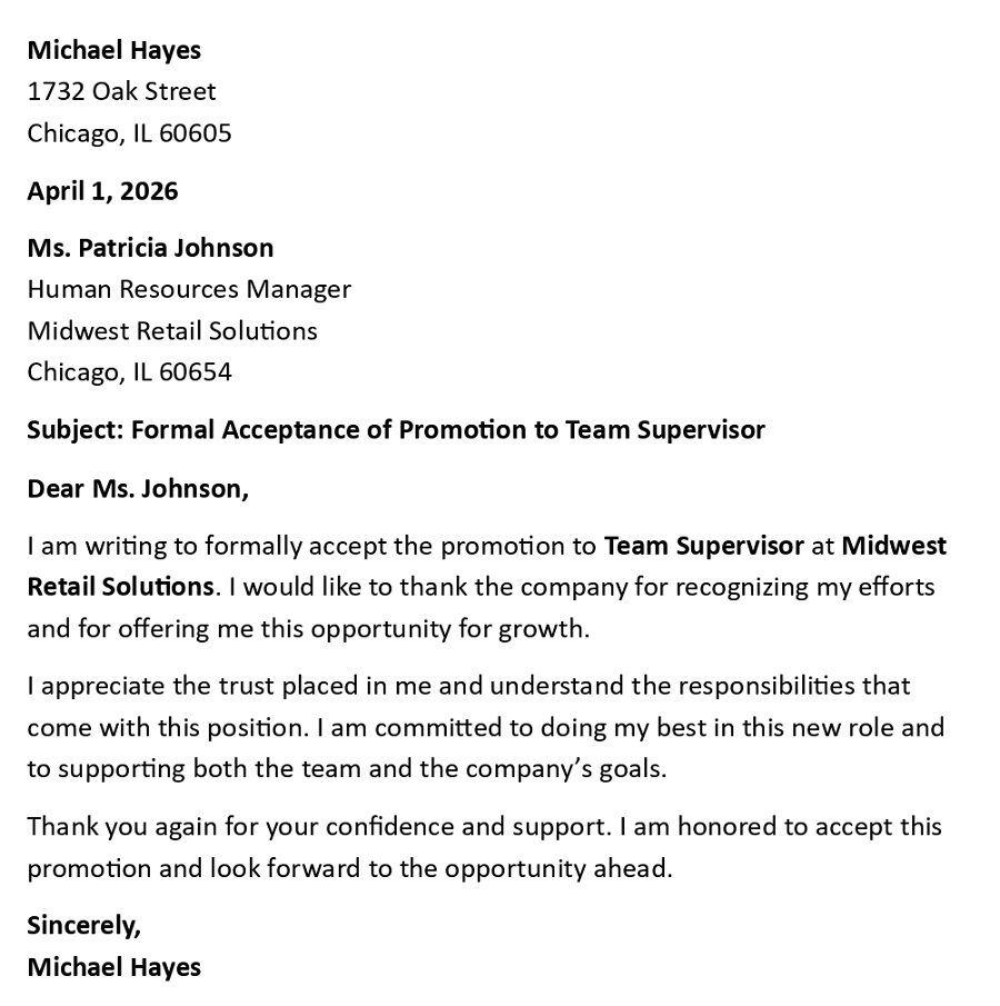 Formal Acceptance of Promotion to Team Supervisor