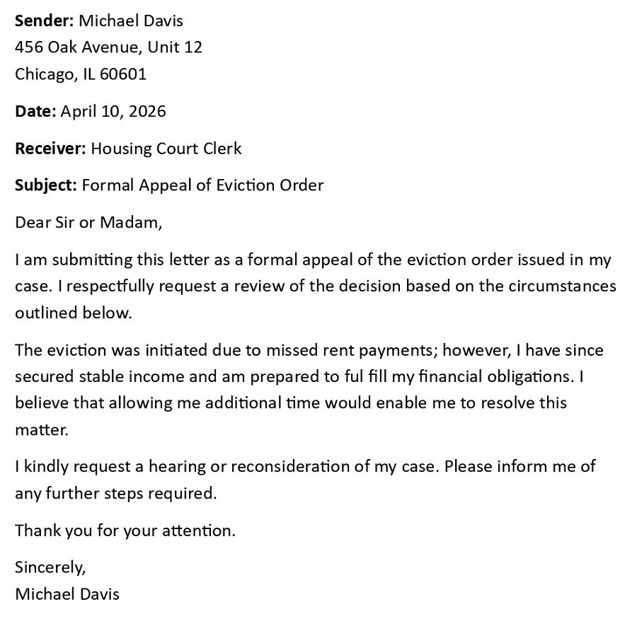 Formal Appeal of Eviction Order