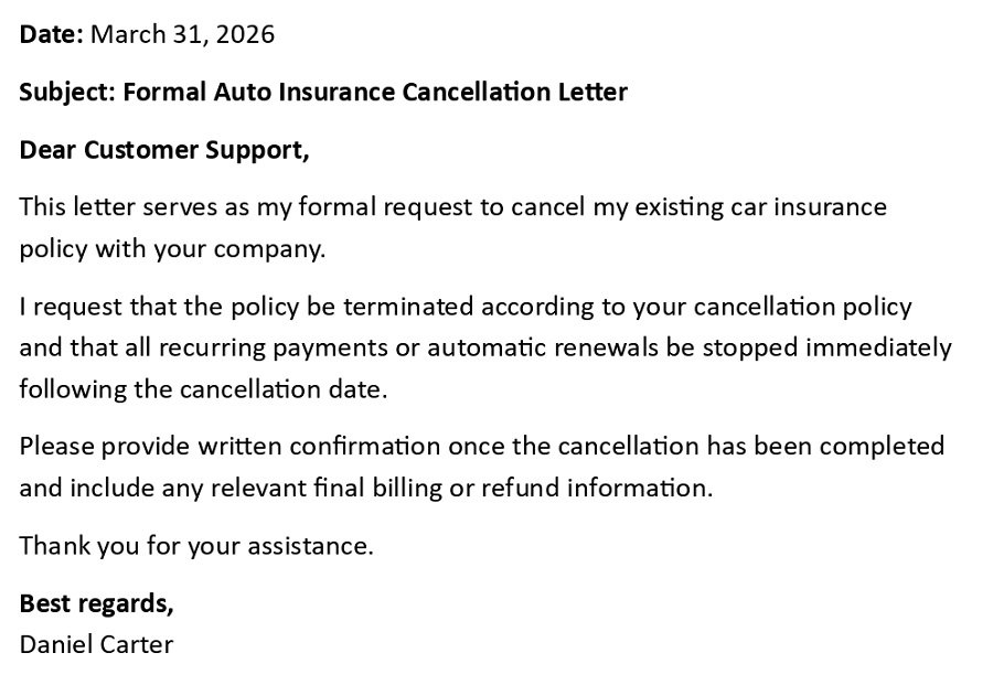 Formal Auto Insurance Cancellation Letter