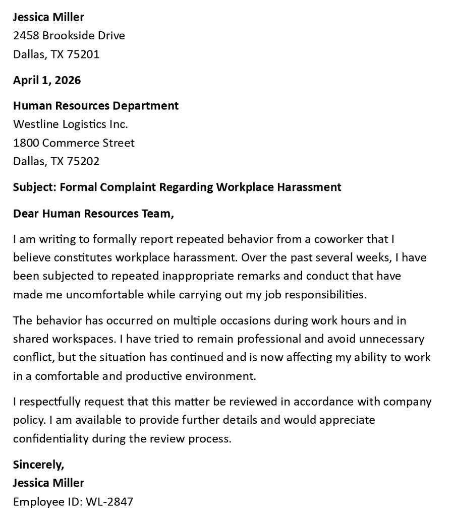 Formal Complaint Regarding Workplace Harassment