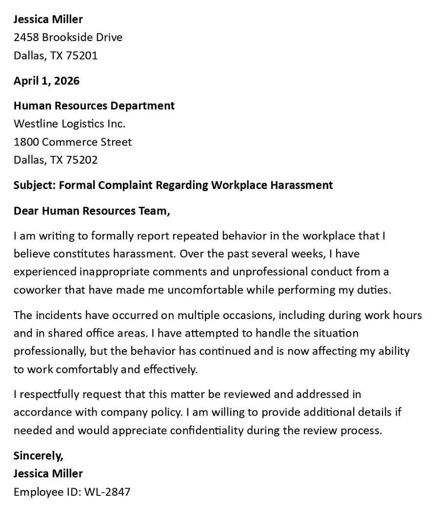 Formal Complaint Regarding Workplace Harassment