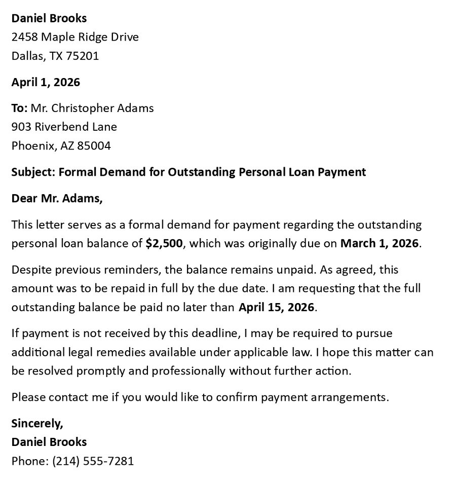 Formal Demand for Outstanding Personal Loan Payment