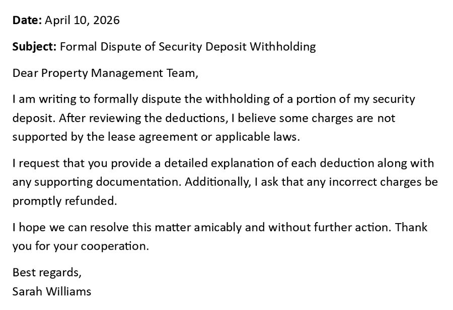 Formal Dispute of Security Deposit Withholding