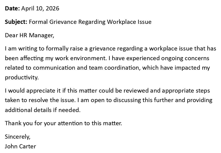 Formal Grievance Regarding Workplace Issue