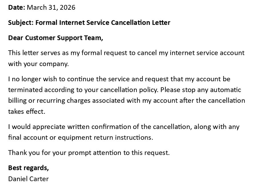 Formal Internet Service Cancellation Letter