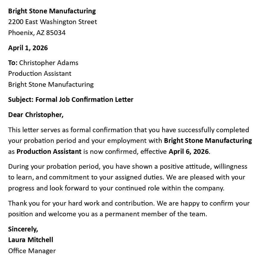 Formal Job Confirmation Letter