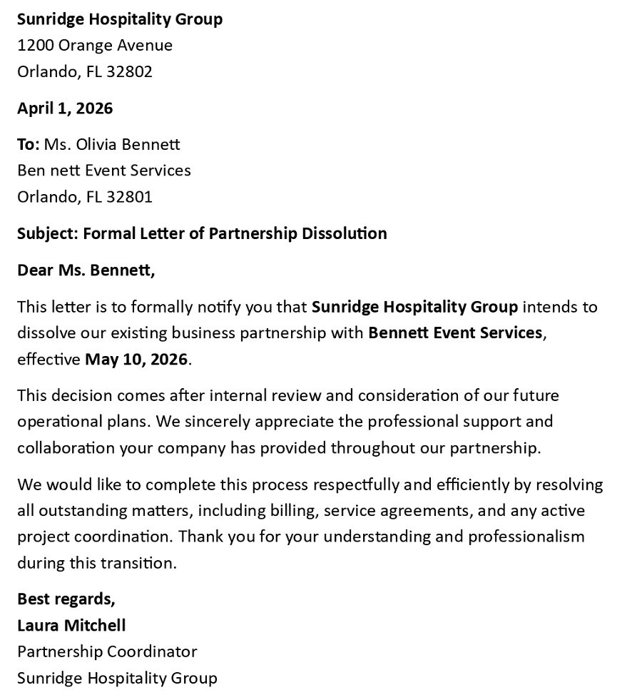 Formal Letter of Partnership Dissolution