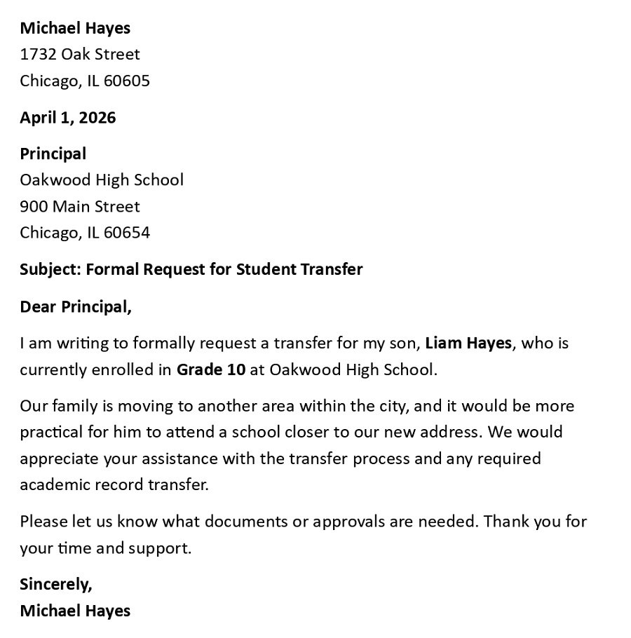 Formal Request for Student Transfer
