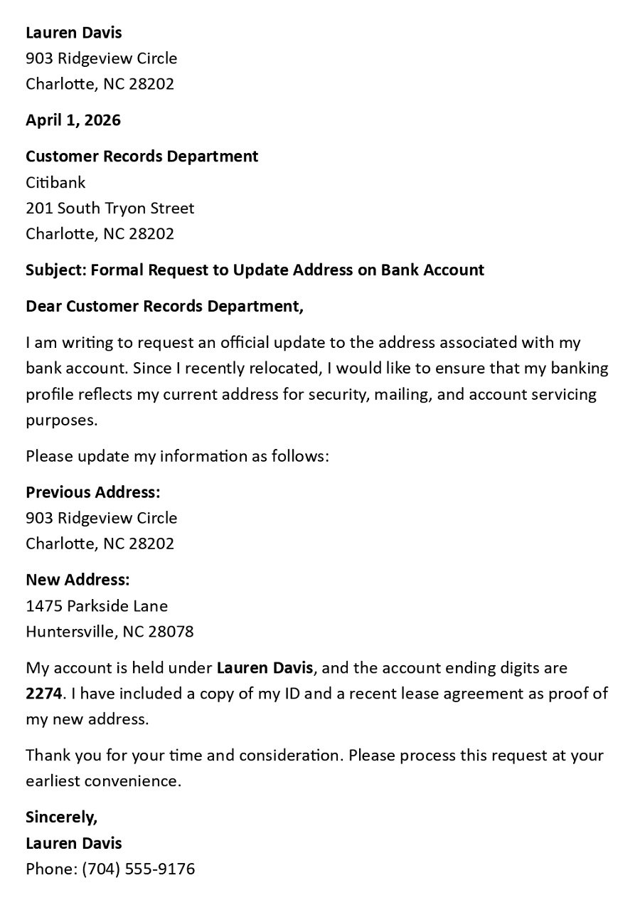 Formal Request to Update Address on Bank Account