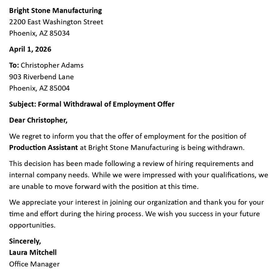 Formal Withdrawal of Employment Offer