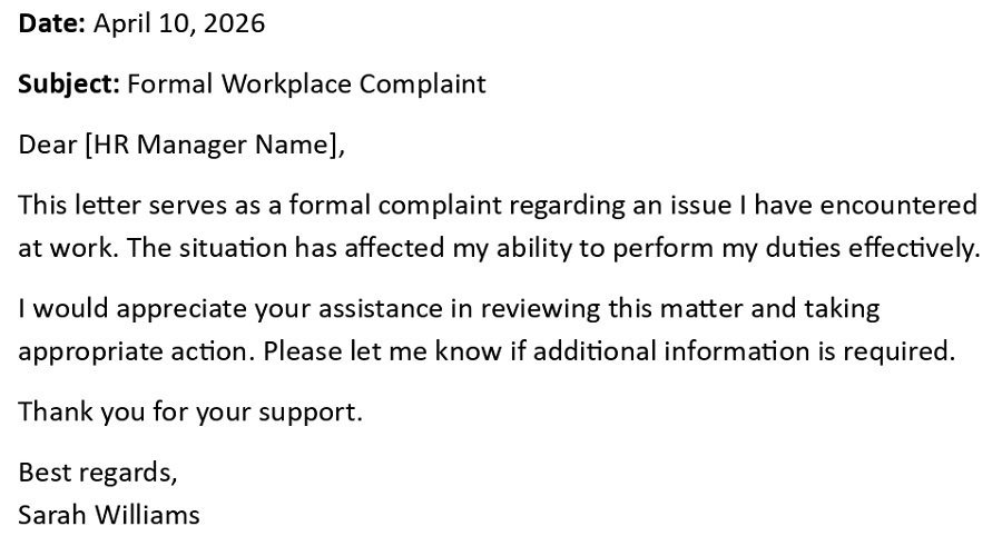 Formal Workplace Complaint