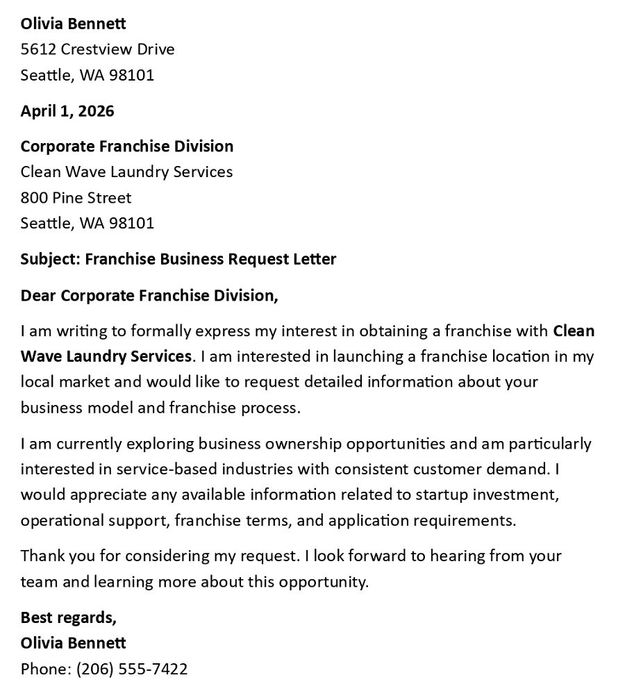 Franchise Business Request Letter