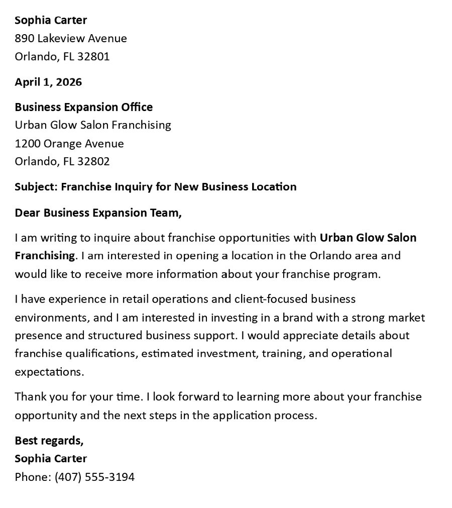 Franchise Inquiry for New Business Location