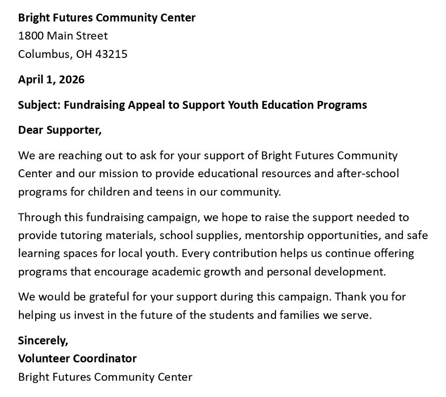 Fundraising Appeal to Support Youth Education Programs