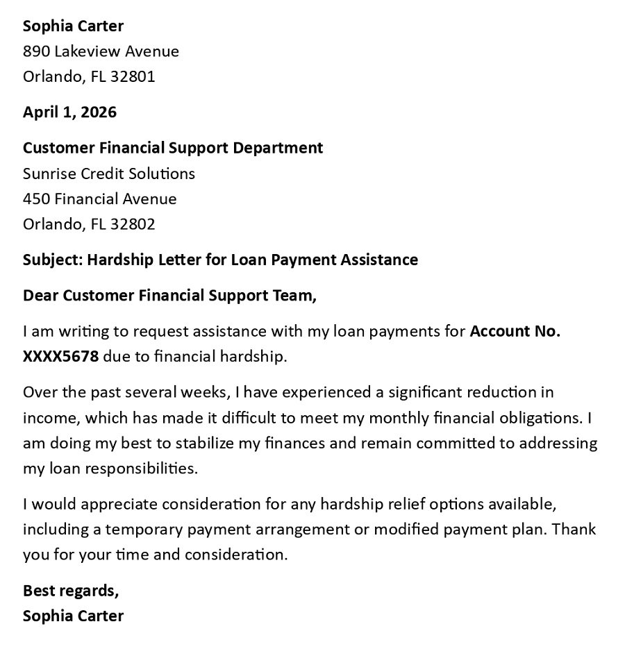 Hardship Letter for Loan Payment Assistance