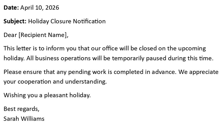 Holiday Closure Notification
