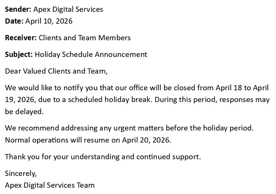 Holiday Schedule Announcement