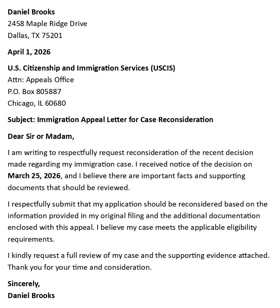 Immigration Appeal Letter for Case Reconsideration