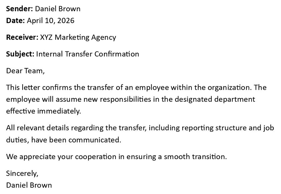 Internal Transfer Confirmation