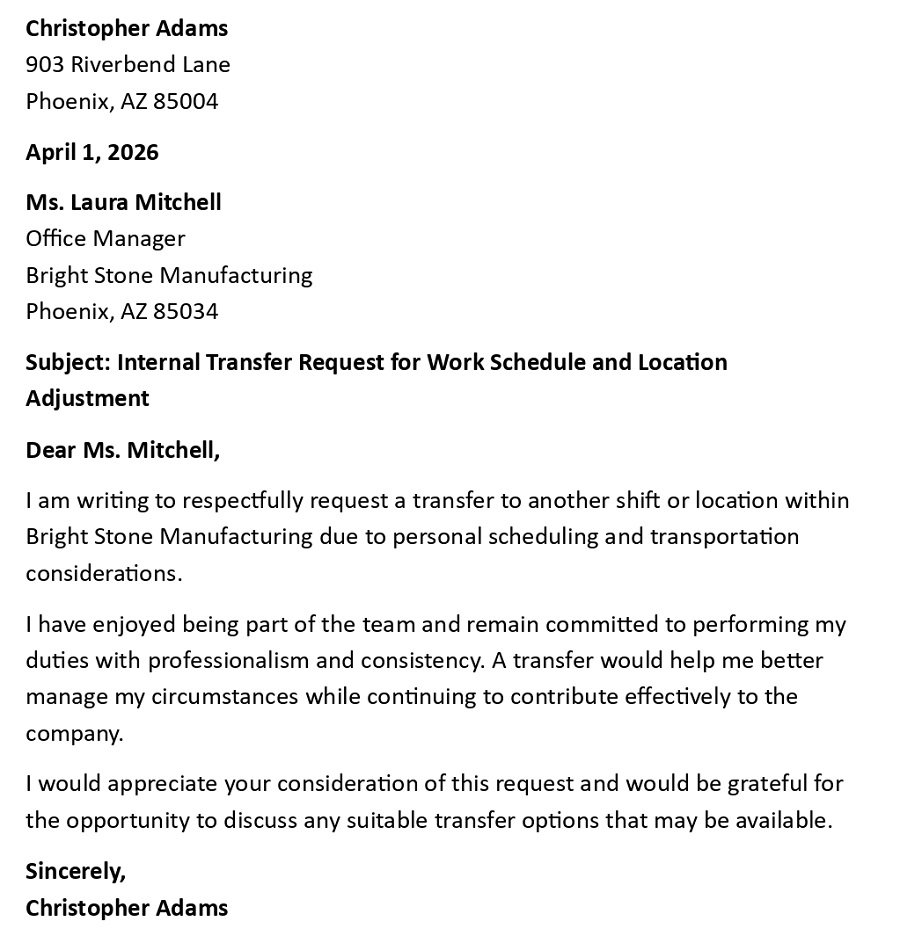 Internal Transfer Request for Work Schedule and Location Adjustment