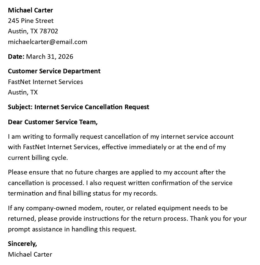 Internet Service Cancellation Request
