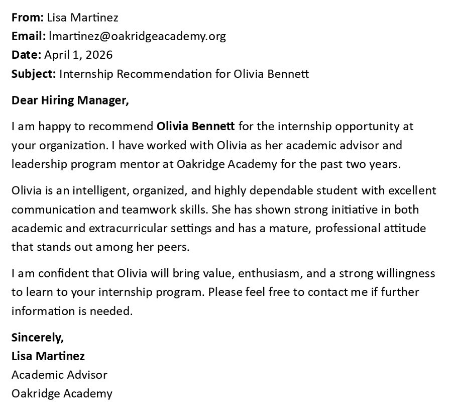 Internship Recommendation for Olivia Bennett