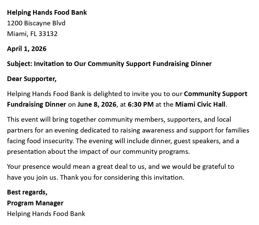 Invitation to Our Community Support Fundraising Dinner