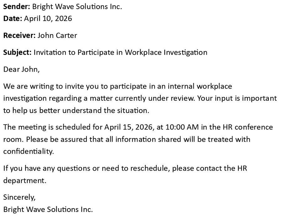 Invitation to Participate in Workplace Investigation