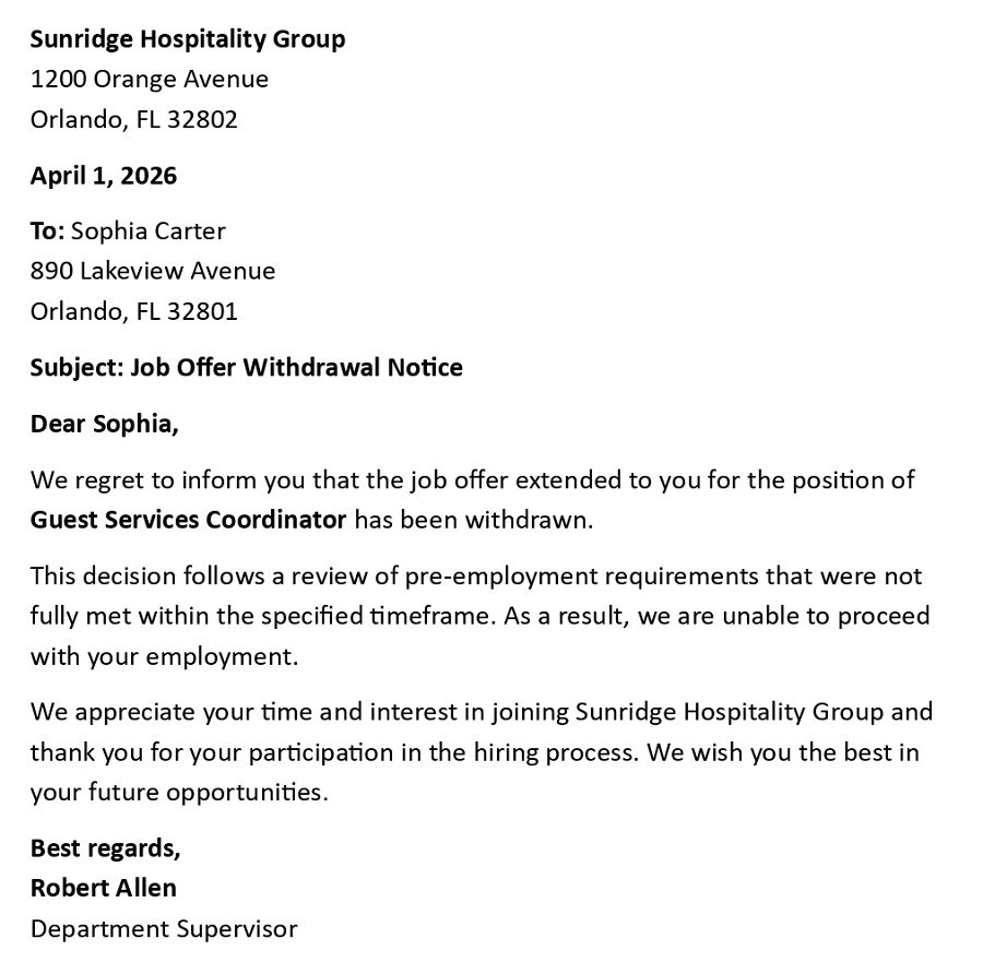 Job Offer Withdrawal Notice