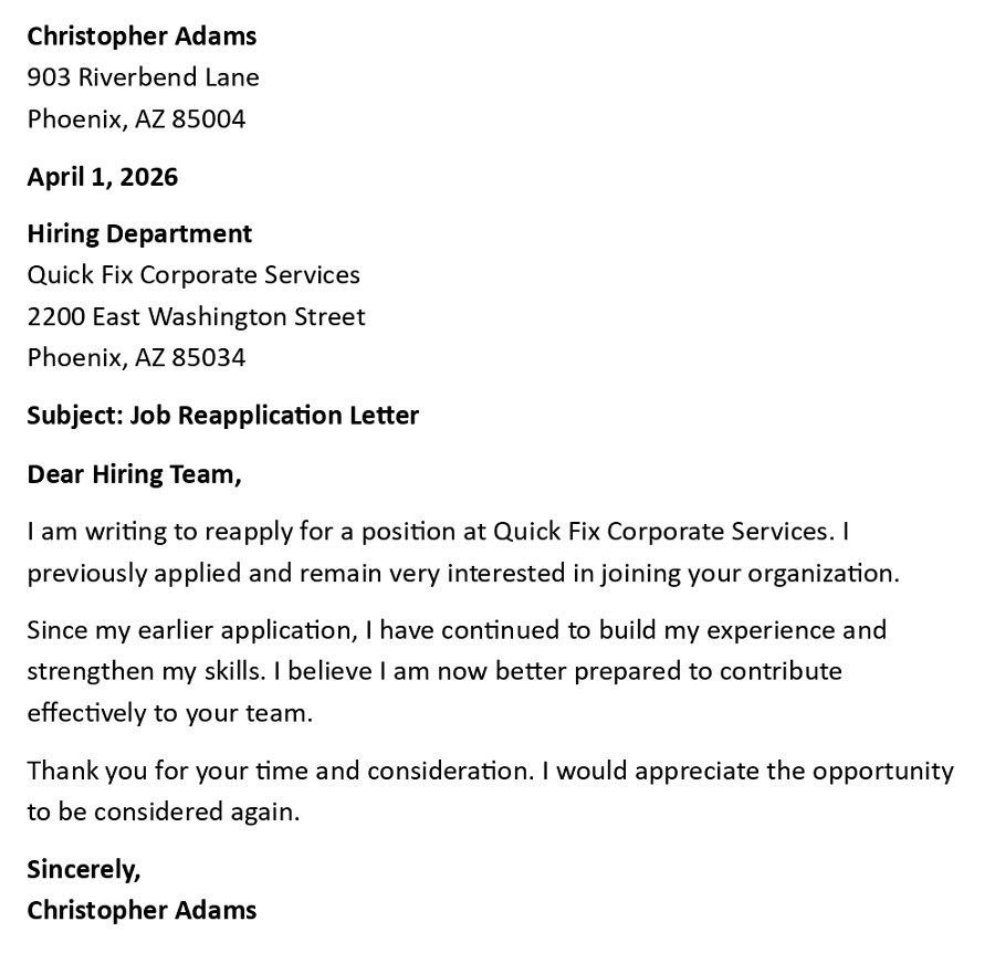 Job Reapplication Letter