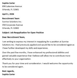 Job Reapplication Letter (USA Format + 5 Samples)