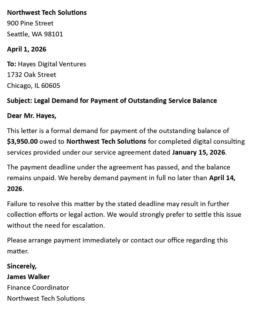 Legal Demand for Payment of Outstanding Service Balance
