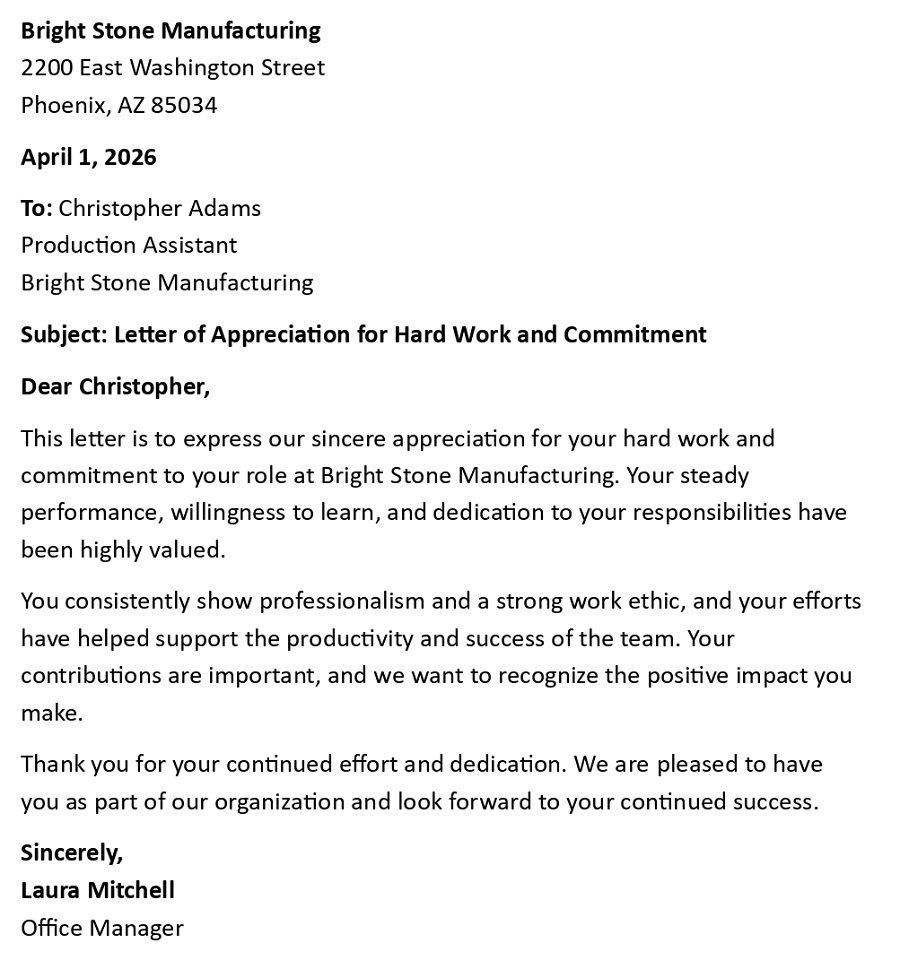 Letter of Appreciation for Hard Work and Commitment