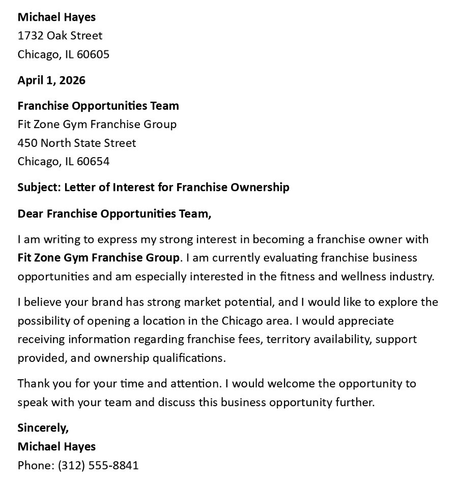 Letter of Interest for Franchise Ownership