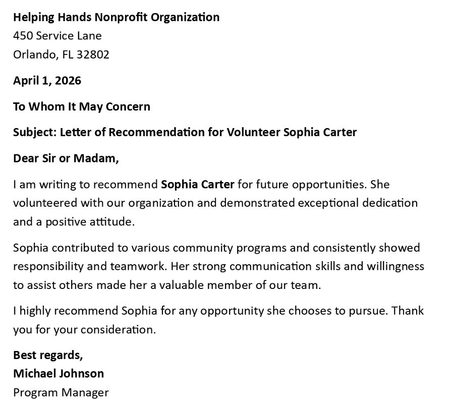 Letter of Recommendation for Volunteer Sophia Carter