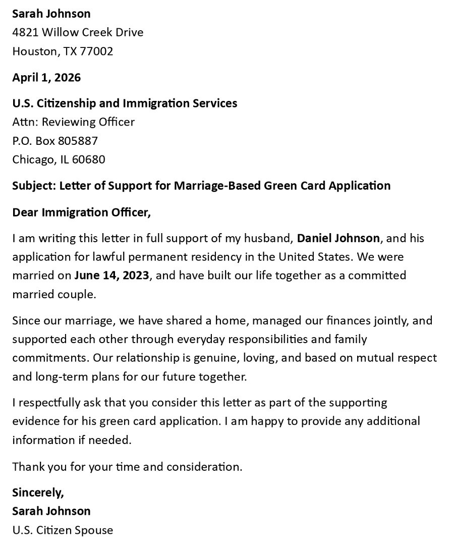 Letter of Support for Marriage-Based Green Card Application