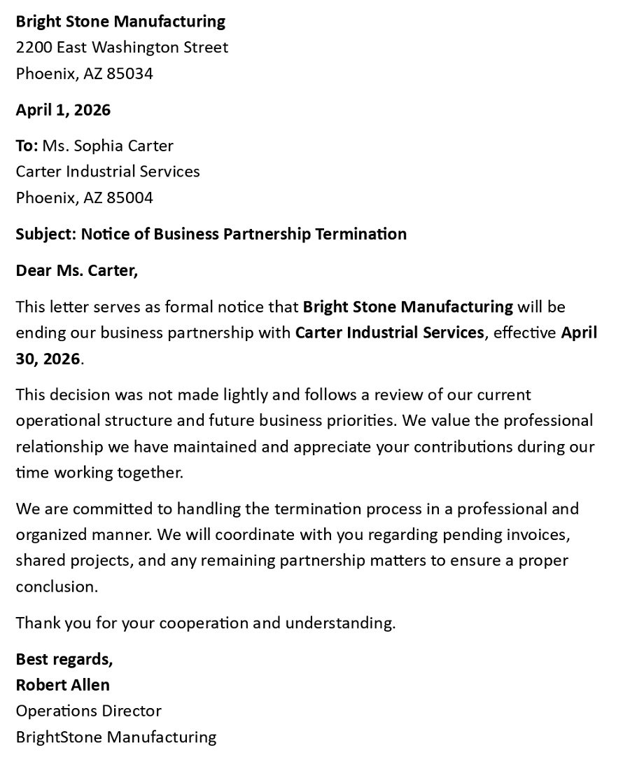 Notice of Business Partnership Termination