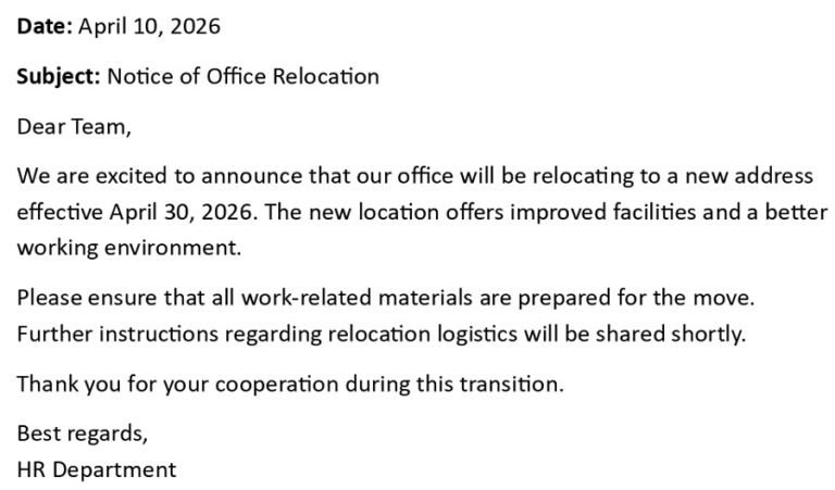 Office Relocation Memo Example Office Relocation Announcement Letter (USA Format + 5 Templates)
